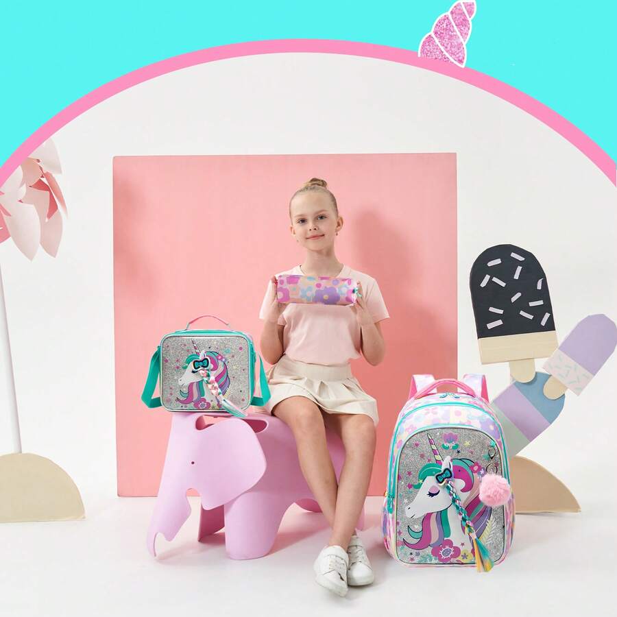Backpack For Girls Lightweight Girls' Cure Print School Backpack Set, Polyester Rucksack With Matching Lunch Bag & Water Bottle Pouch, For School & Travel - Girls' Schoolbag - View 1
