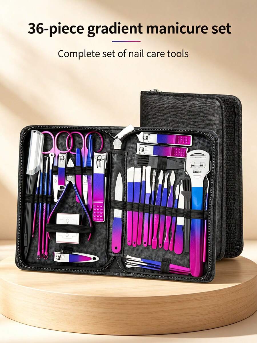 Juego de Cortaúñas de Acero Inoxidable con Degradado de Colores, Kit de Herramientas de Belleza para Manicura con Estuche con Cremallera, Cuidado de Uñas y Eliminación de Piel Muerta