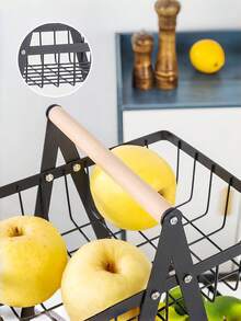 1 pieza Cesta de gran capacidad para verduras y frutas, material metálico, mango de madera, diseño de fondo de malla, transpirable y a prueba de humedad para reducir la putrefacción, adecuada para el hogar, fiestas, bares y talla grande ocasiones, colador, frutero, estante, estante de almacenamiento de cocina, vuelta a la escuela - Multicolor - Ver 4
