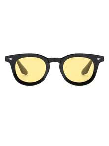 1 par de gafas de hombre con montura redonda de PC, unicolor vintage, con remaches personalizados de moda - Negro - Ver 3