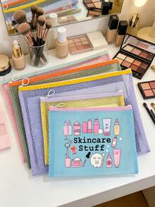Mesh Makeup Bag With Face Mask Pattern, "Skincare" Lettering Design, Multifunctional Cosmetic Bag, Portable Storage Pouch, Skincare Bag, Travel Essential, Dorm Supplies, Bathroom Storage, Jewelry Storage, Lipstick And Cosmetic Storage Bag, School Supplies Bag, Holiday Essential Makeup Bag, Cosmetic Storage, Wedding Bride Gift, Mother's Day Gift, Birthday Gift, Gift For Friends And Teachers - Multicolor - View 5