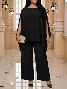 Fleurora Plus Size Elegant Party Solid Color Sheer Cape Blouse Plus Size Black Top Plus Size Sheer Top Spring Top For Women Going Out Tops Summer Tops Elegant Women's Blouses Casual Blouse For Women Work Outfits For Women Peplum Top - Black - View 5