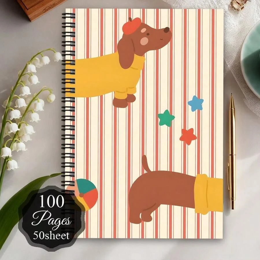 1pc Cute Dachshund Spiral Notebook - Planner And Diary With Dachshund Themed Cover (Red Hat, Sweater, Striped Pattern) - Pocket Size Portable Notebook, Suitable For Pet Lovers - Dachshund Owner Birthday Gift - C - View 1