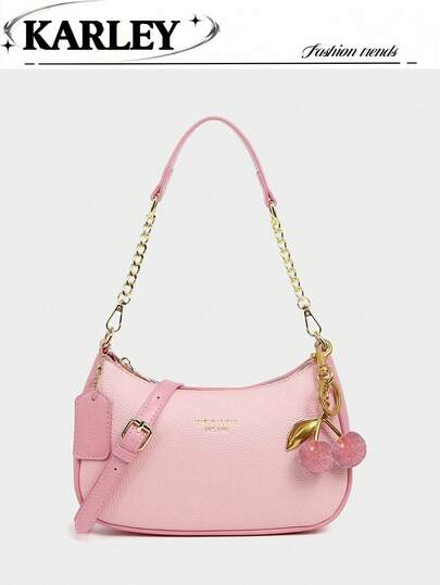 2025 New  Letter Graphic Design Solid Color PU Leather Crescent Shoulder/Underarm Bag,  Suitable For Shopping, Can Be Worn Crossbody , Pink