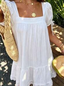 Women's Sheer Square Neck Puff Sleeve Lace Trim Blouse, Lightweight Polyester Babydoll Top, Cute Summer Vacation Going Out Shirt - 白色 - 查看 1