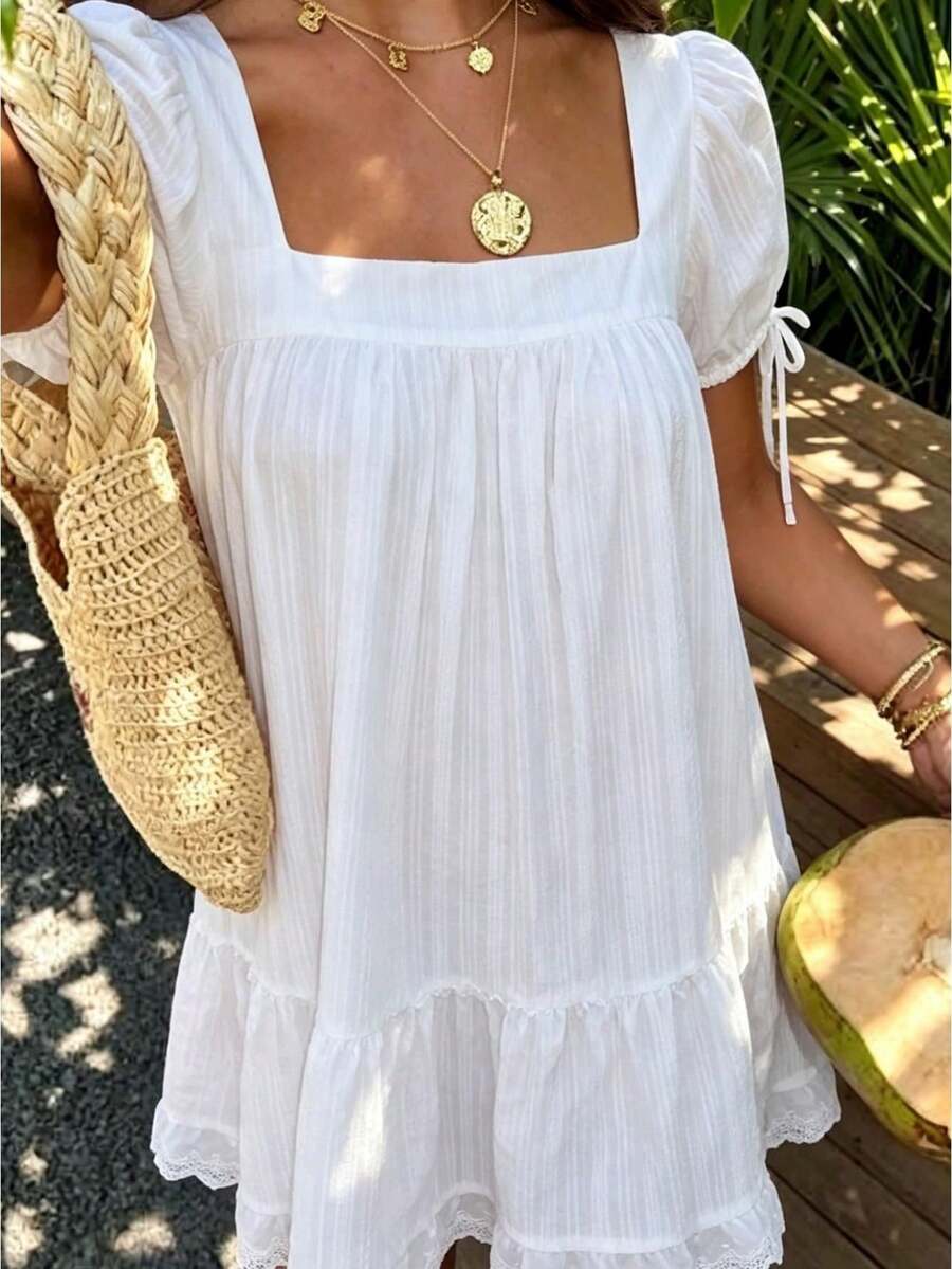 Women's Sheer Square Neck Puff Sleeve Lace Trim Blouse, Lightweight Polyester Babydoll Top, Cute Summer Vacation Going Out Shirt - 白色 - 查看 1