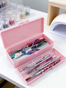 Double Layer Nail Art Tool Storage Box With Nail Art Designs, Nail File Holder, Nail Pen Organizer, Gel Nail Brush Sponge Container, Portable Rectangular Plastic Transparent Nail Supplies Storage Case (Nail Tools Not Included) - Multicolor - View 3