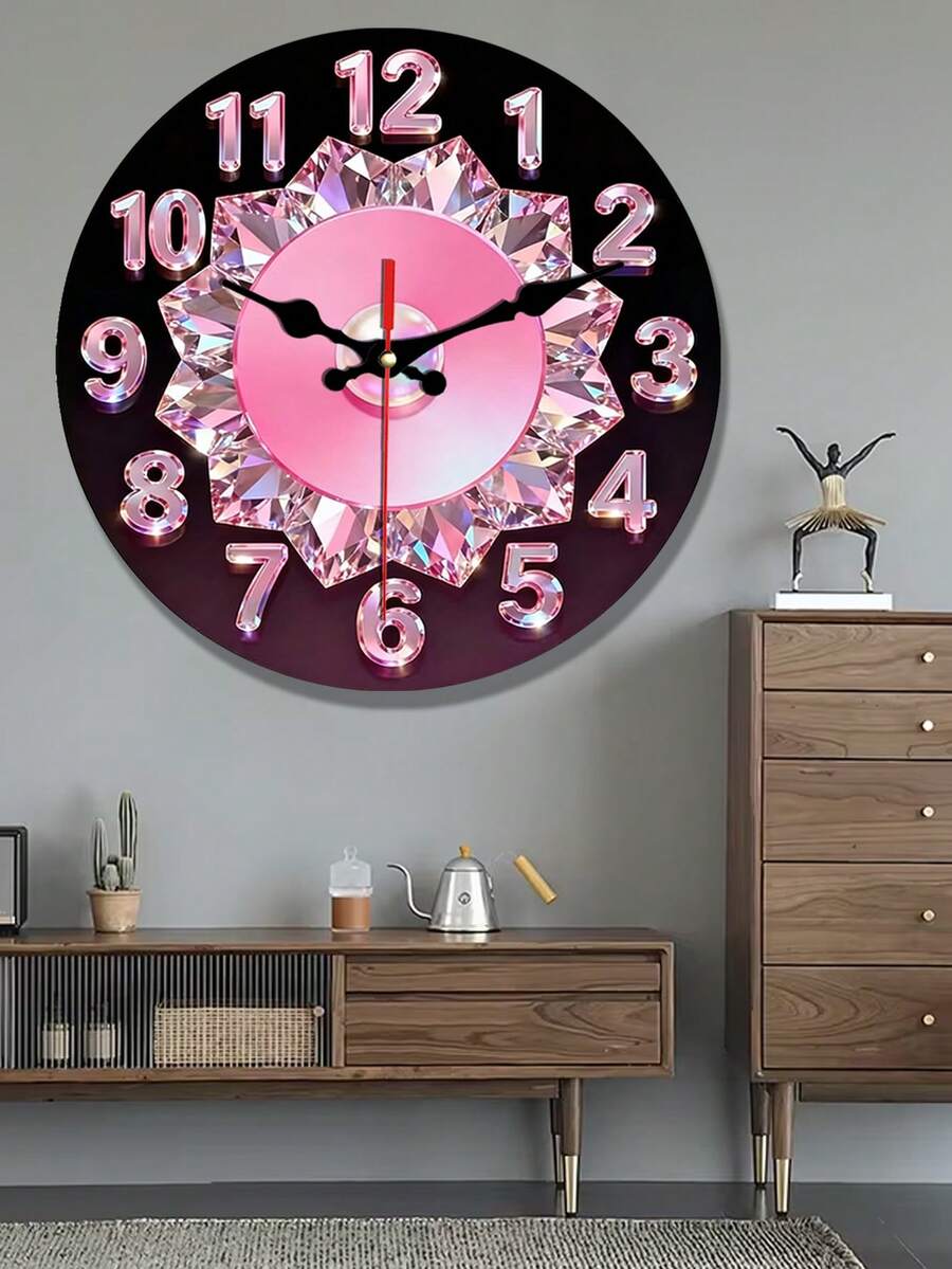 1pc Pink Diamond & Pearl Holographic Luxury Silent Wall Clock - Suitable For Home Office, New Year Valentine's Day Gift - Wooden Frame 2D Design - Multicolor - View 1