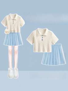 Women Two-Piece Outfits - Short-sleeved Top + Blue Pleated Skirt [two-piece Set] - View 1