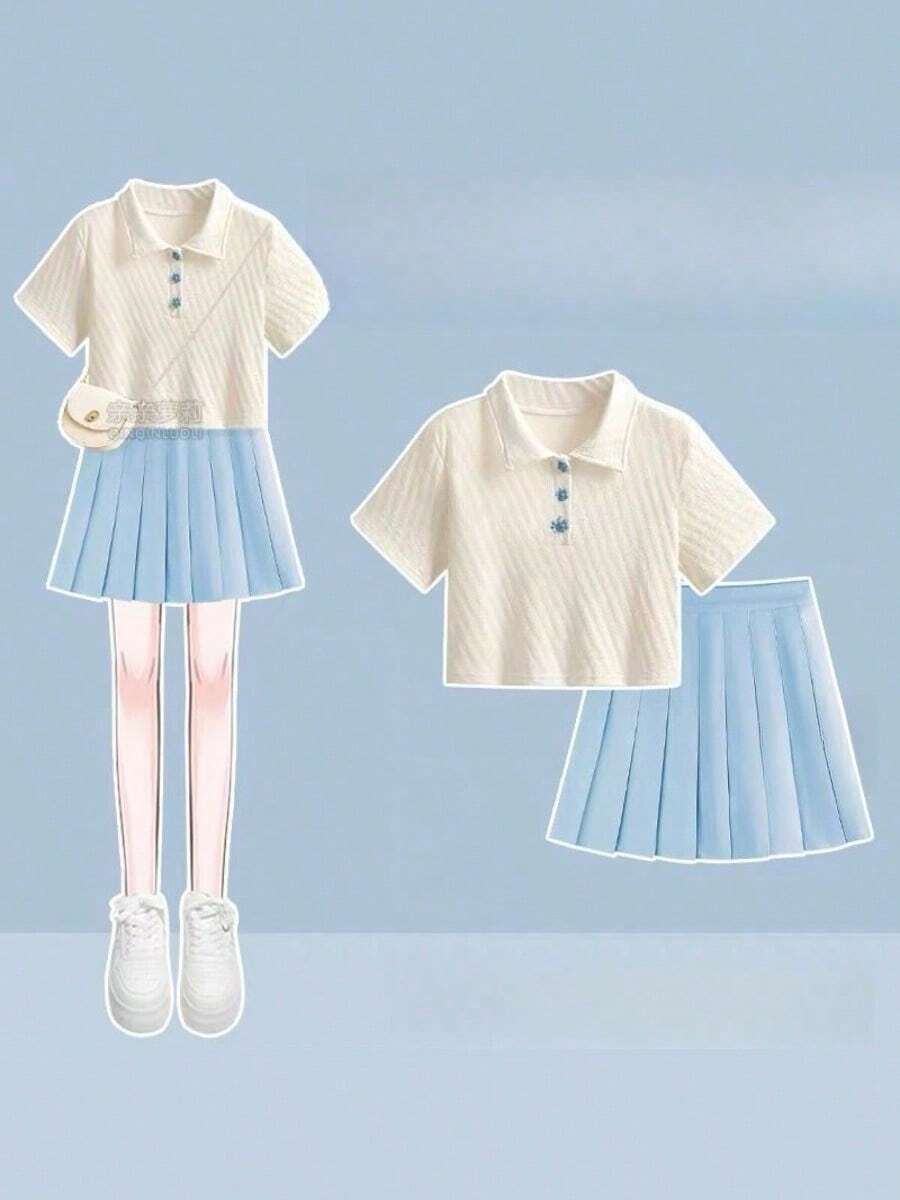 Women Two-Piece Outfits - Short-sleeved Top + Blue Pleated Skirt [two-piece Set] - View 1
