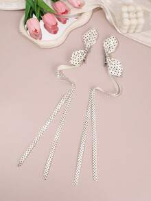 2Pcs French Vintage Polka Dot Bow Hair Clip, Rhinestone Long Ribbon Side Clip, Daily/Date Versatile Hair Accessory,Hair Claws - Multicolor - View 13