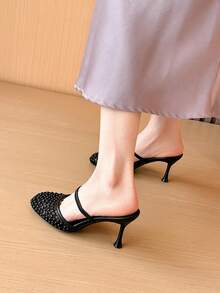 Xin Jing Shoes 女款優雅休閒性感派對細高跟鞋 時尚百搭圓頭網布通勤中跟涼鞋 - 黑色 - 查看 7