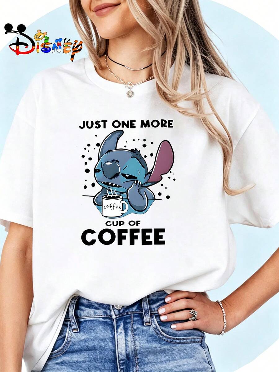 Breathable Cotton Disney Fan Tee | "Stitch Coffee Addict" Funny Lilo & Stitch Graphic Print | Vintage Pullover Shirt - White - View 1
