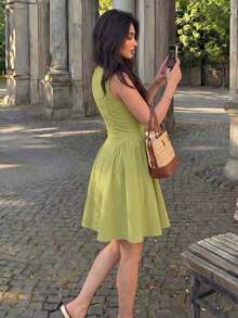 Vestido sin mangas con cintura recogida y línea A, con lazo, elegante y romántico, para primavera/verano, color verde tejido - Verde - Ver 3