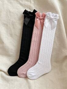 3 Pairs Girls' Retro Cable Knit Mid-Calf Socks, Solid Color Leg Warmers With Bow Design, Sweet Lady Style Student Socks, Versatile For Spring, Autumn, All Seasons - Multicolor - View 1