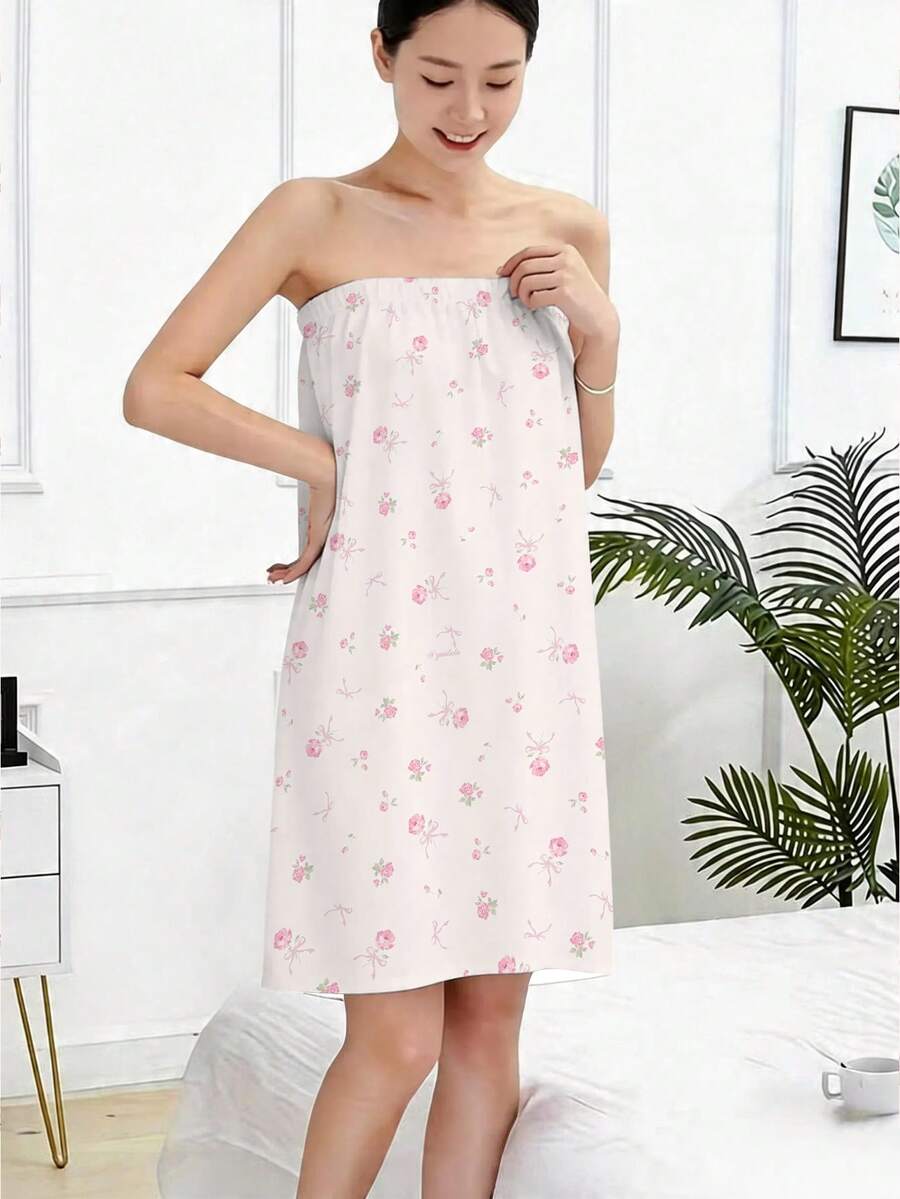 1/2pcs Polyester Bathrobe & Hair Towel Cap, Pink Rose Bow Ditsy Floral Bandeau Bath Wrap, Quick-Dry Absorbent Bath Towel Dress, Elastic Bandeau Design, Suitable For Daily Bathroom Care, SPA Salon, Hotel Stay, Travel Vacation, Beach Swimwear Cover-Up & Home Leisure Wear - Multicolor - View 1