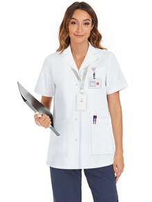 cimmuovere Bata de manga corta con cuello vuelto y frente abierta para mujer, uniforme de enfermera para dentista, atención médica, hospital veterinario, laboratorio, color blanco primaveral - Blanco - Ver 5