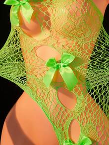 Women's Asymmetric Sexy Lingerie Rhinestone One Shoulder Bodysuit With Bows Seductive Fishnet Hollow Out Teddy Underwear For Night - Green - View 4
