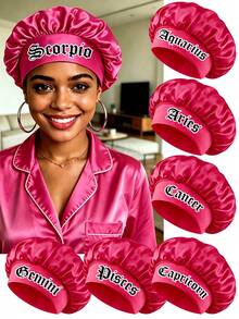 1pc Satin Sleep Cap, Personalized 12 Zodiac Sign Pattern Satin Wide Brim Elastic Sleep Hat, Satin Hair Cap (Random Print Pattern) Hair Sleep Cap Sleep Bonnet,Summer,Beach,Holiday,Travel - Red Dot SM87 - View 12