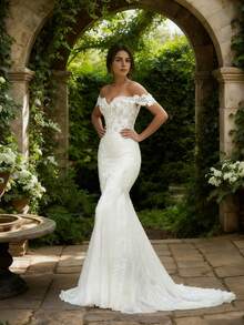 Elegant Sexy Lace Applique Off Shoulder Mermaid Wedding Dresses For Bride,Evening Party Dress Bridesmaid Dress Birthday Party Dress,Romantic Church Ceremony Wedding Dress,Suitable For Wedding,Dating,Party,Singles' Party,Vacation,Formal Occasions,Dinner Dress,Prom Dress,Homecoming Dress,Cocktail Party,Wedding Guest Dress,Graduation - 白色 - 查看 3