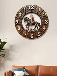 2D Style Wooden Round Wall Clock With Cowboy Riding Horse Pattern, Silent Non-Ticking, Suitable For Home Decor And Gifts, Requires AA Battery (Not Included) - Multicolor - View 2