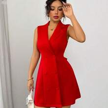 MewMuse. Nuevo vestido mini de mujer con diseño de lazo, de cuello de solapa, doble botonadura, escote en V profundo, sin mangas, ajustado, versátil para fiesta, cita, joven, elegante, pequeña y sexy - Rojo - Ver 5