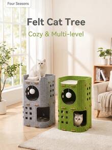 3-Tier Felt Cat Condo Tower With Scratching Function And Hanging Ball Toy, Space-Saving Indoor Cat House With Cozy Hiding Spot And Top-Level Resting Bed, Suitable For Multiple Cats, Modern Green Pet Furniture - Multicolor - View 6