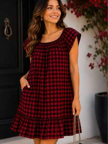 Casual Short Dress With Front Buttons, Long Sleeves, And A Plaid Print. - Đỏ - Xem 2
