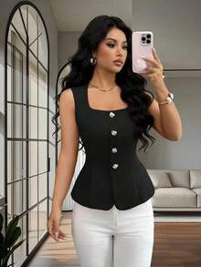 Elegante y versátil camiseta sin mangas para mujer con diseño de lazo en la espalda, cuello cuadrado y hebilla metálica decorativa, color burdeos, para primavera/verano - Negro - Ver 3