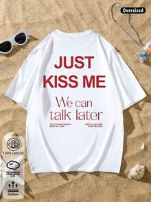 T-Shirt Da Donna Estiva Con Stampa Di Lettere Rosse, Maglietta Bianca In Cotone Con Slogan Casual Stile Y2K Streetwear, Top Comodo Girocollo - 黑色 - 查看 3