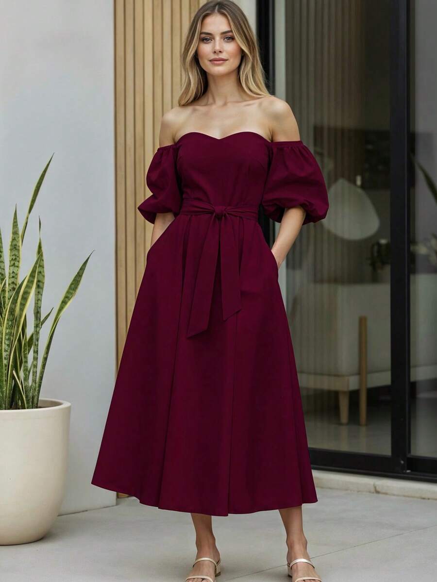 Women's Off-The-Shoulder Long Dress With Adjustable Belt And Puff Sleeves - Wine - View 1