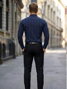 Kemeja Pria Lengan Panjang Bergaris Kancing Tunggal, untuk Bisnis/Perjalanan - Navy Blue - View 5