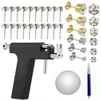 Kit de perforación de orejas profesional con 10 pares de pendientes de botón y 6 pares de pendientes con diseño de corona para uso en salón y hogar