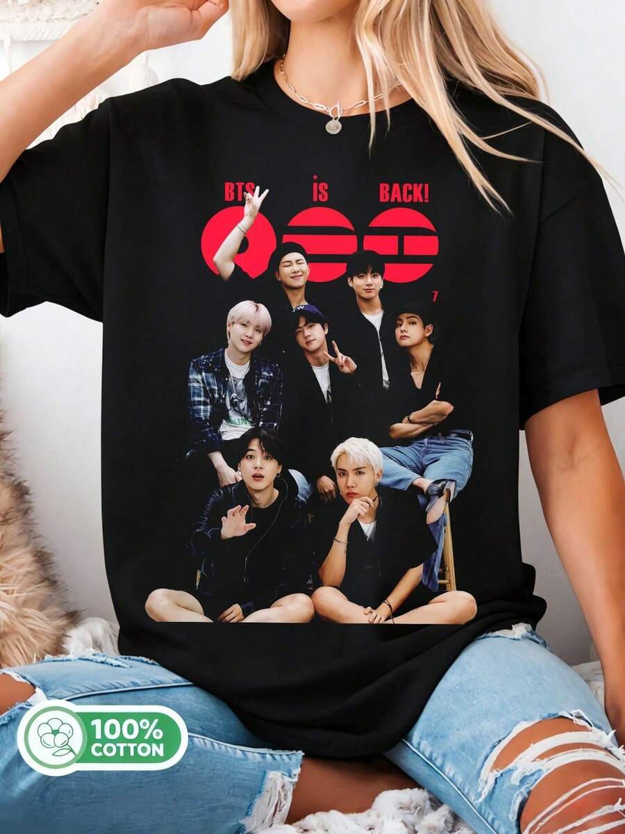 Unisex Cotton T-Shirt With "BTSBT Is Back Group Photo Graphic" Print - K-Pop. - Black - View 1