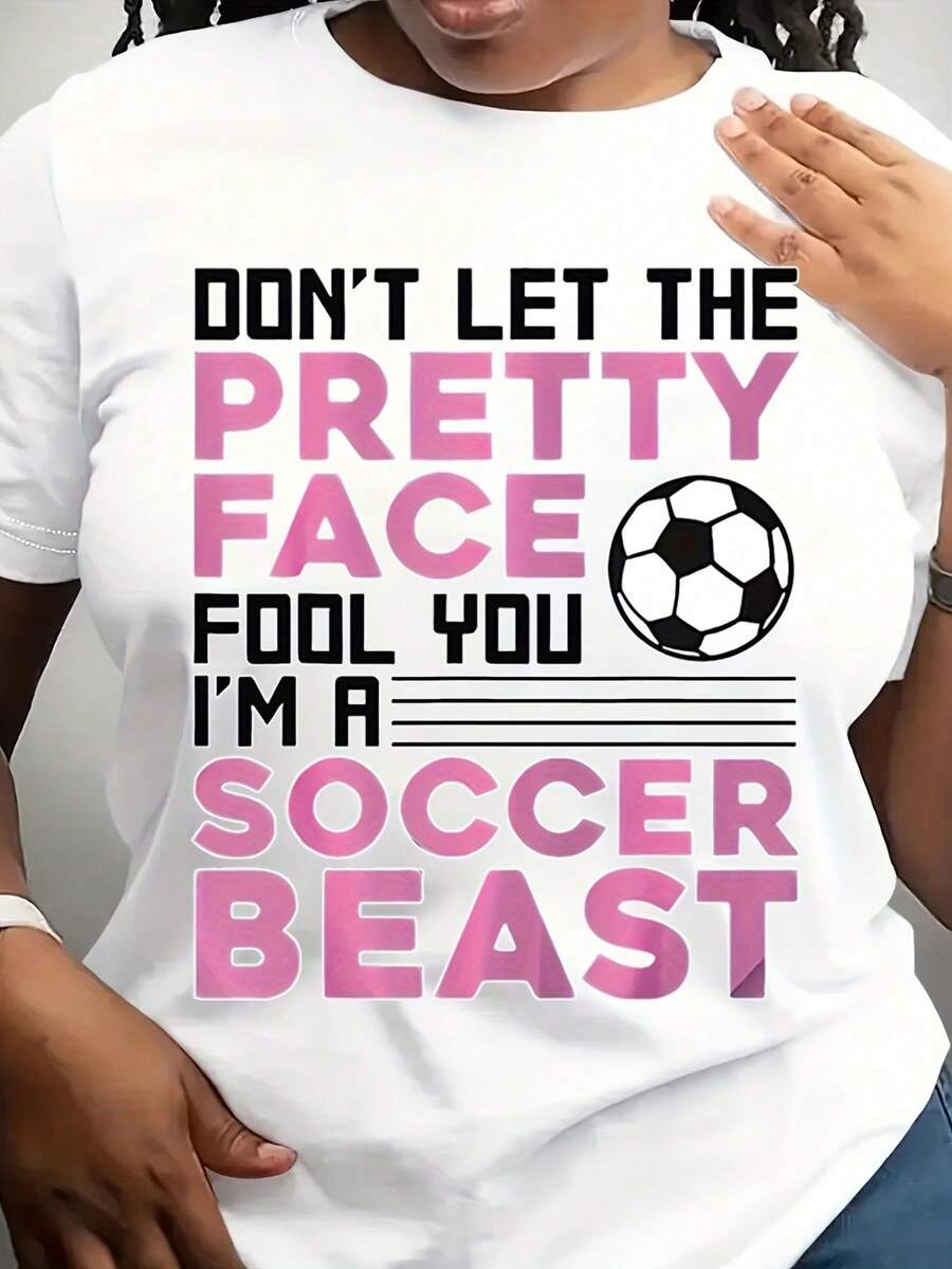 Women's Football Shirt With Fun Print, Short Sleeve Round Neck Summer Casual Wear, Vibrant Design, Comfortable Casual Outfit, Perfect For Daily Outdoor Wear, Women's T-Shirts>Basic - 白色 - 查看 1