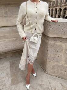 VIBEWAVE Off-White Round Neck Single-Breasted Short Faux Mink Knit Cardigan For Women, Exuding French Gentle And Sophisticated Style, Perfect For Spring And Autumn Dates, Travel, Street Style, And Commuting. - Dark Grey - View 6