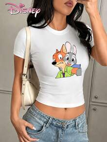Women's Disney Slim-Fit Cropped T-Shirt With A Zootopia Nick And Judy Print. A Sweet And Cool Style, The Fitted Cut Accentuates Curves And Is Perfect For Couples Or To Take Photos At The Park. - White - View 2