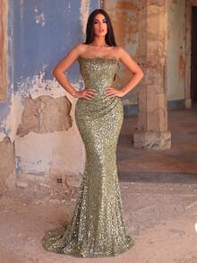 Elegant Strapless Glitter Mermaid Evening Gown - Pearl Neckline, Ruched Waist Party Wedding - Olive Green - View 3