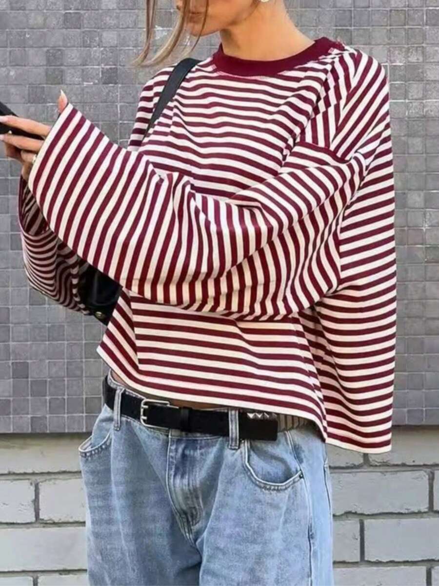 休閒條紋女款上衣，寬鬆圓領螺紋落肩長袖T恤，復古條紋對比色，街頭風日常穿搭 - 乾枯玫瑰色 - 查看 1
