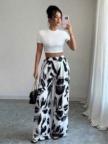 Conjunto de Top corto con estampado floral y pantalones largos con estampado de plantas para mujeres, para primavera/verano - Blanco - Ver 12