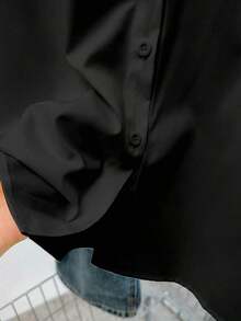 TIN Women's Simple Solid Color Everyday Button-Down Shirt - Black - View 6