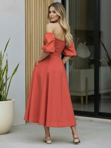 Vestido Largo Hombros Descubiertos Cinturón Ajustable Manga Bombacha Para Mujer - Coral - Ver 4