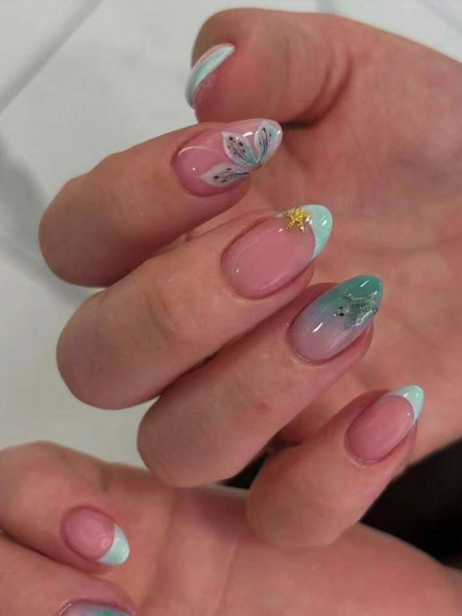 30片短杏仁形花卉與海洋美甲法式穿戴式假指甲,短款完美貼合假指甲組,包含:1件凝膠指甲油與1件指甲銼條,短杏仁形美甲 - 彩色 - 查看 1