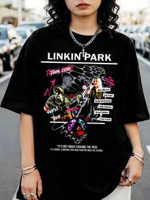 Linkins Parks From Zero World Tour Graphic T-Shirt, Retro Crew Neck Rock Band T-Shirt, Casual Black Short Sleeve Top For Fans - 黑色 - 查看 6