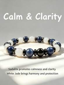 YAUKIA 1pc Natural Stone Calm Bracelet , Sodalite & White Jade Stretch Bracelet , Healing Gemstone Jewelry , Protection , Boho Gift For Men Women - Multicolor - View 1