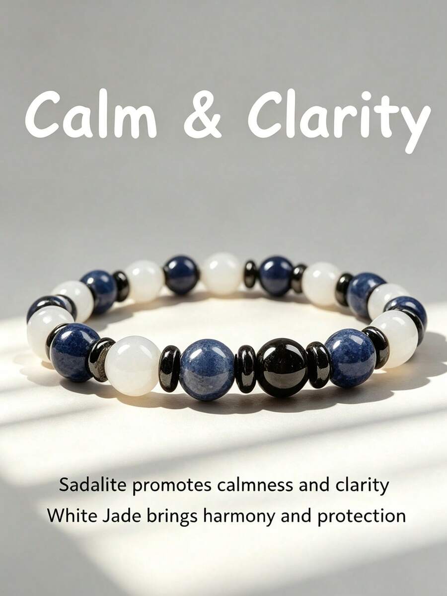 YAUKIA 1pc Natural Stone Calm Bracelet , Sodalite & White Jade Stretch Bracelet , Healing Gemstone Jewelry , Protection , Boho Gift For Men Women - Multicolor - View 1