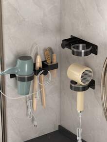 1 pieza Soporte para secador de pelo, sin necesidad de perforación; Soporte para secador de pelo montado en la pared, Organizador de herramientas de peinado de baño 3 en 1, Adecuado para secador de pelo, plancha y rizador, Adecuado para estante de almacenamiento en baño o barbería - Multicolor - Ver 2