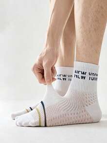 1/5 Pairs Random Men's Black, White & Navy Striped Letter Rib Knit Breathable Moisture-Wicking Short Socks, Casual Sports Style Suitable For Daily Commute - Multicolor - View 7
