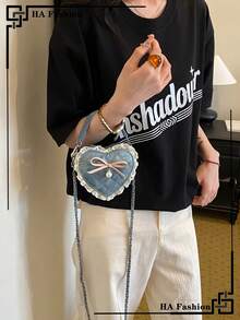 1pc Mini Heart-Shaped Handbag, Fashion Quilted Embroidery Shoulder Bag, Cute Lace Trim Coin Purse, 2026 New Denim Keychain Crossbody Bag For Women - Blue - View 6