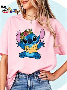 Breathable Cotton Disney Fan Tee | "Aloha Stitch" Hawaiian Shirt With Floral Crown Graphic Print | Summer Vacation Pullover Shirt - 粉色 - 查看 1